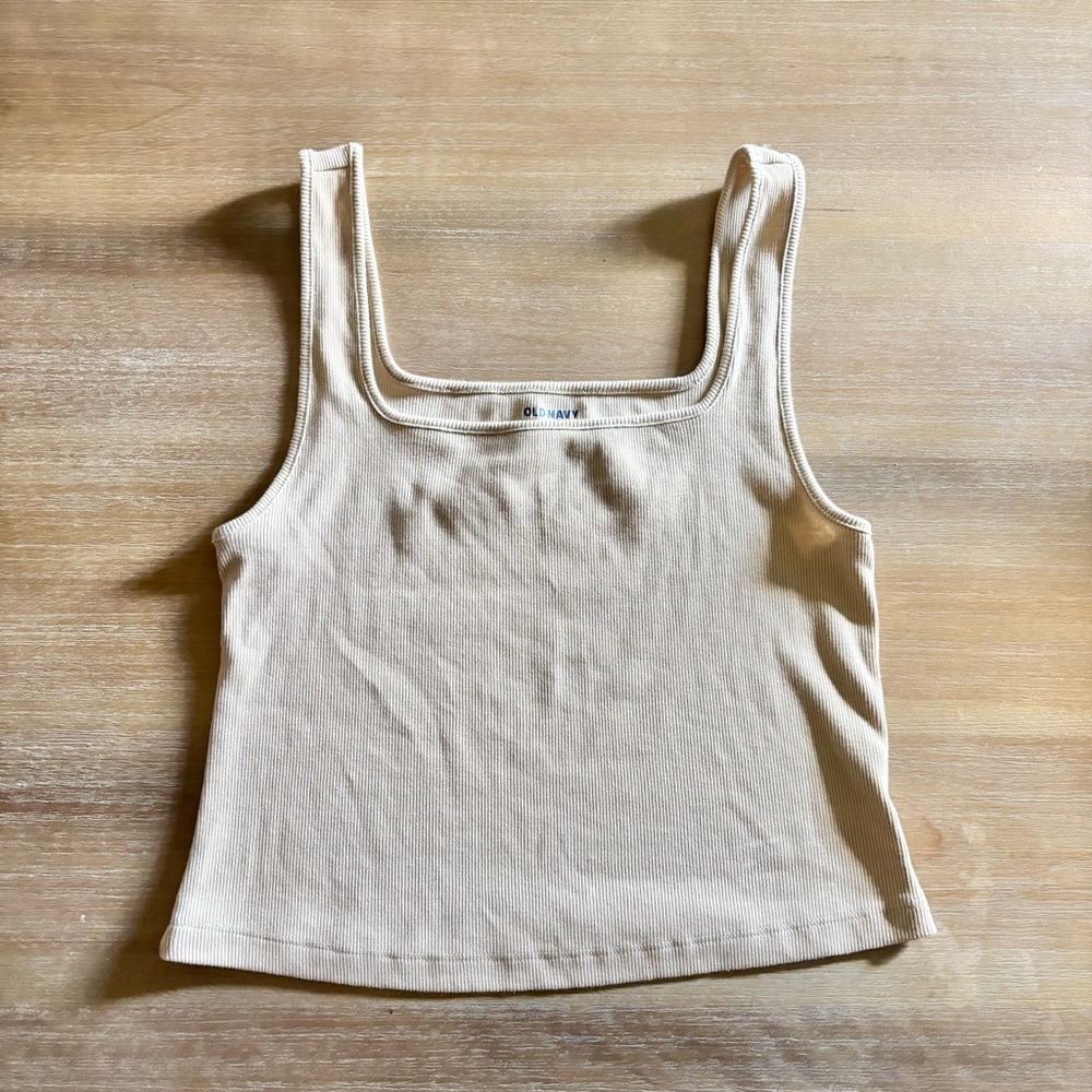 LAST CHANCE: Beige Ribbed Square Neck Cropped Tank, Size Large